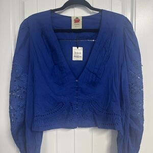 FARM Rio Cobalt Blue Embroidered V-Neck Blouse